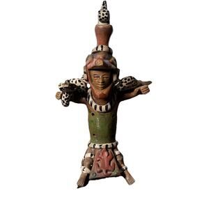 Aztec Mayan Warrior Mexican Flute Whistle Clay Folk Art Pottery Figure 10"